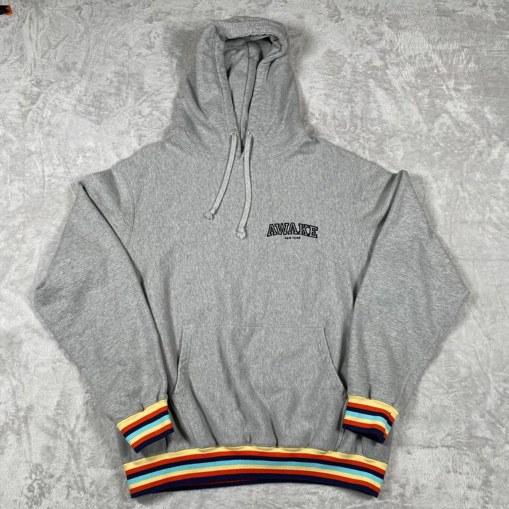 Awake NY Hoodie Sweatshirt Mens Gray Rainbow Striped Cuffs & Hem Pullover